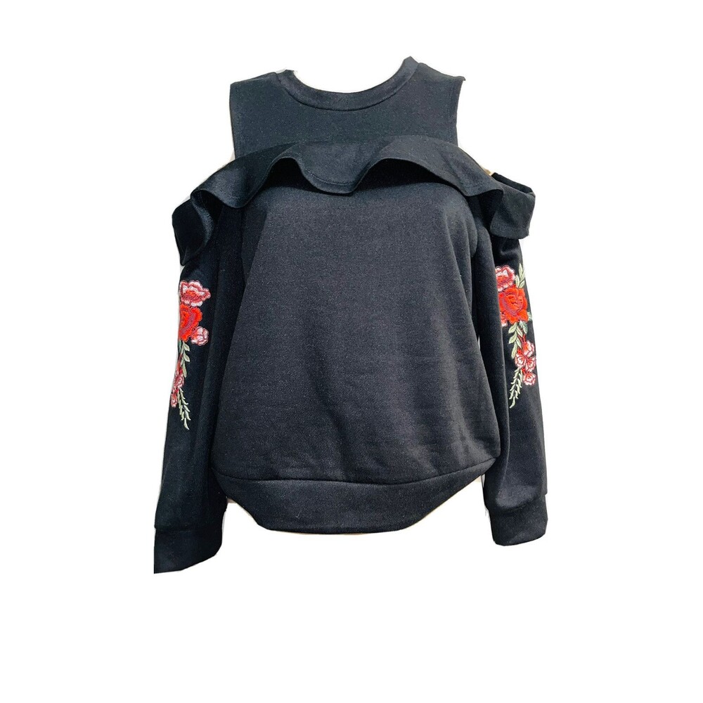 Soprano Women Black Long Floral Sleeve Top Size Large 14 NWT